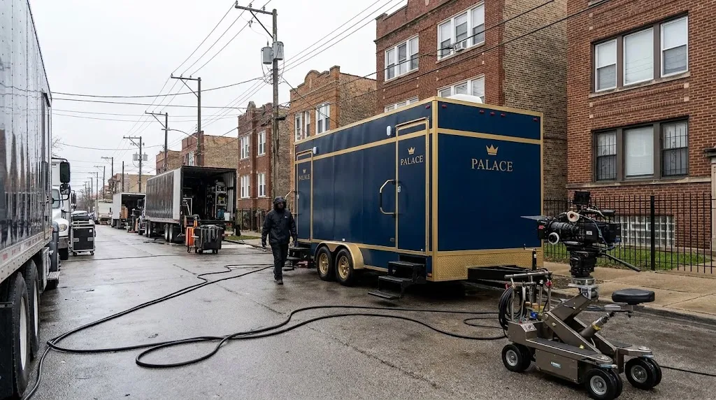 Restroom trailer at a Chicago film production set