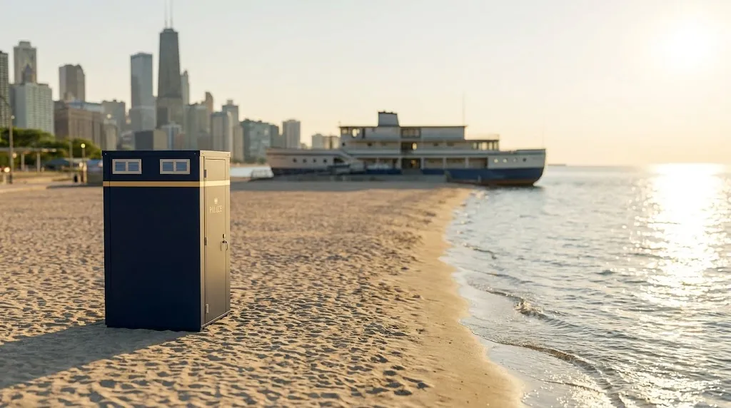 Portable restroom along the Chicago lakefront trail
