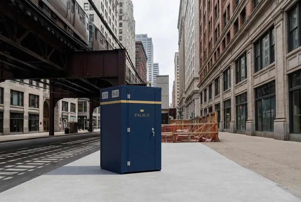 Portable restroom at a Chicago Loop construction site
