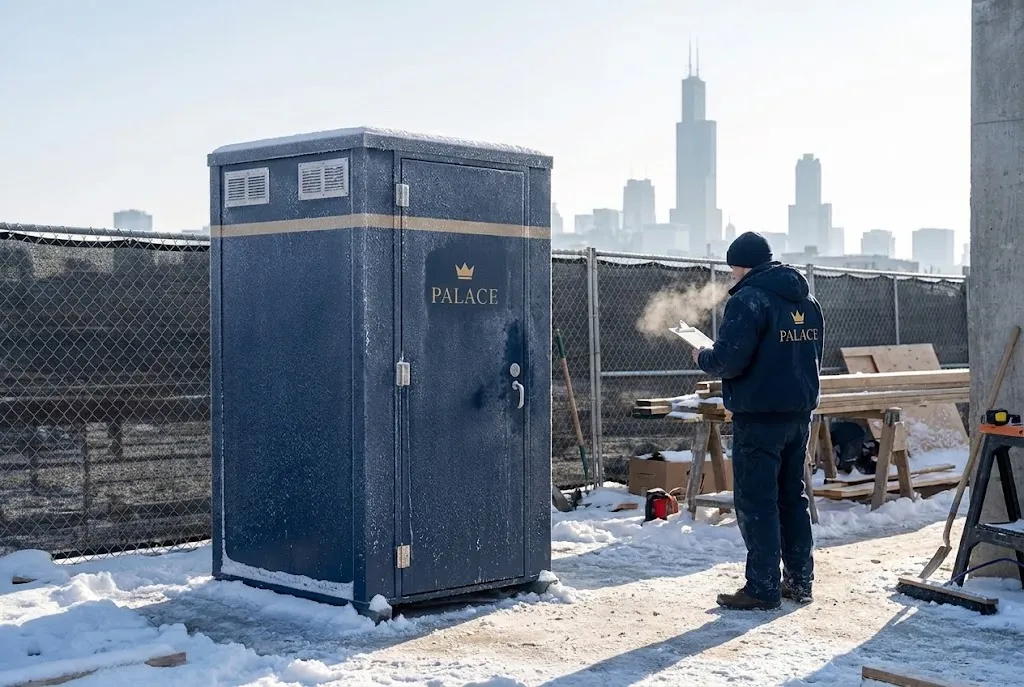 Portable restroom at a Chicago winter construction site