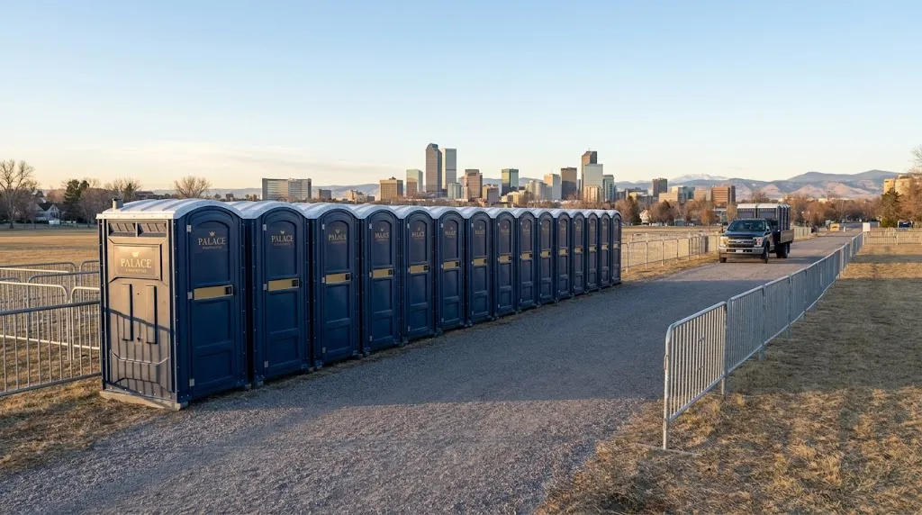 Portable toilet bank at a Denver race start line