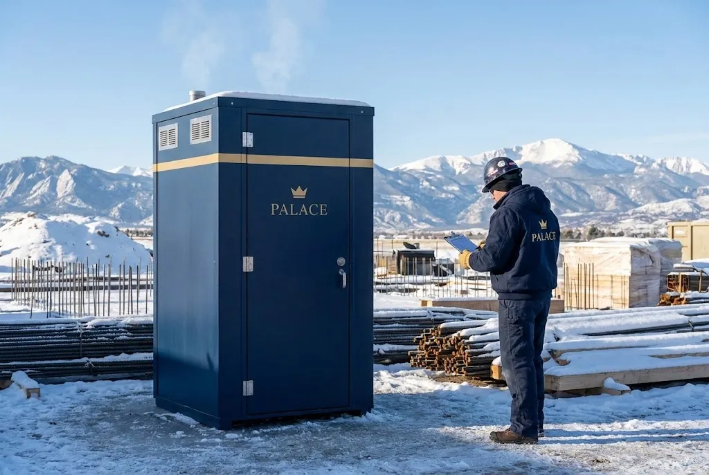 Portable toilet at a Denver construction site in winter