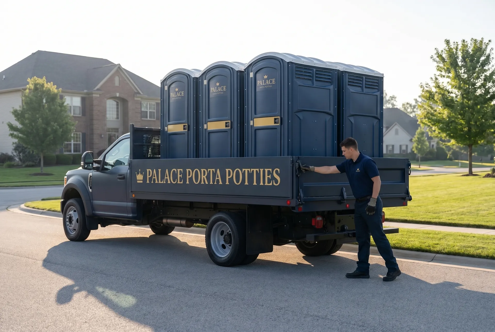 Palace Porta Potties delivery truck placing a unit at a job site