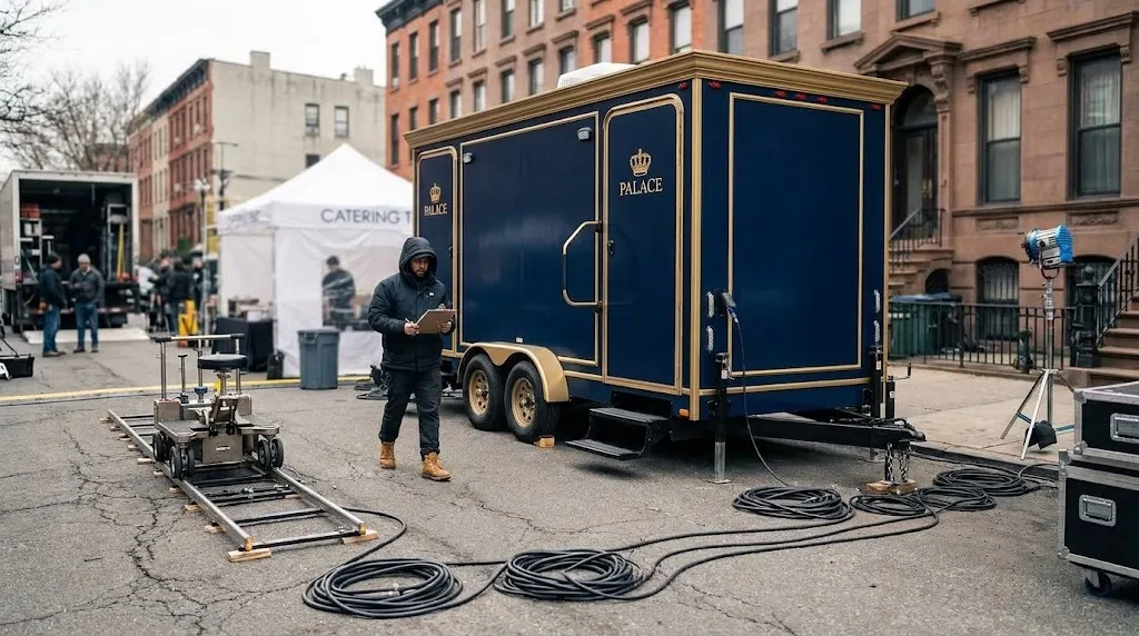 Restroom trailer at a New York film production base camp