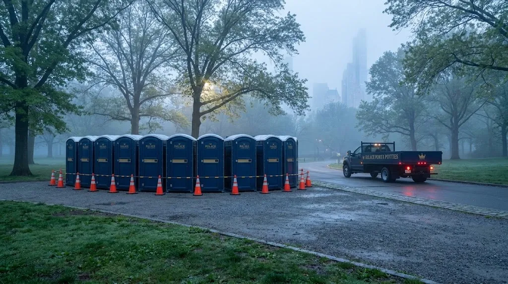 Portable toilet cluster at a New York marathon start village
