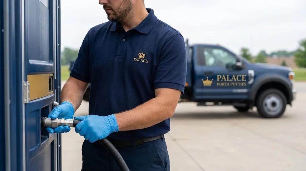 Palace technician servicing a portable restroom unit