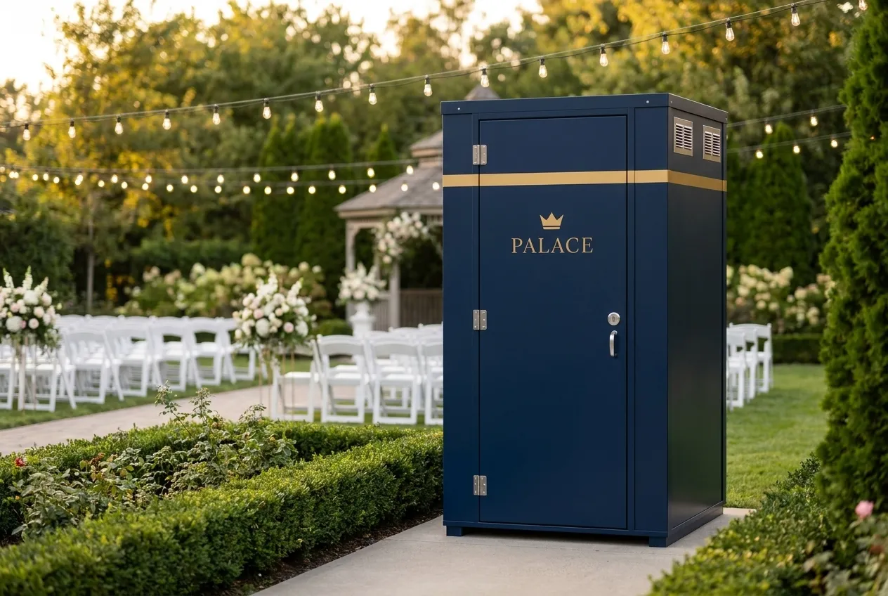 Palace Porta Potties restroom trailer at an outdoor wedding